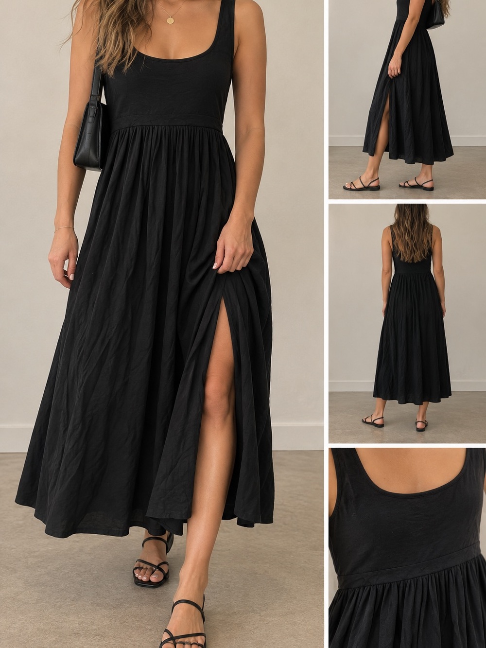 Aritzia Wilfred Black Scoop Neck Sleeveless Maxi Dress with High Side Slit